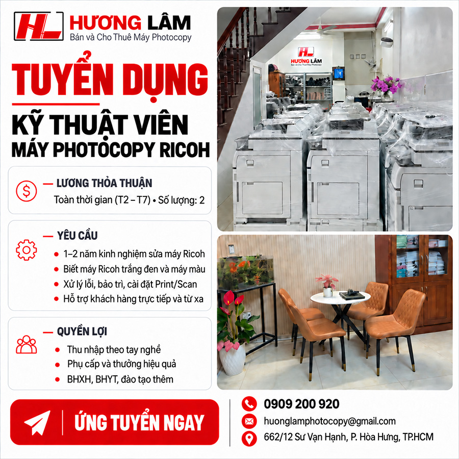 Hương Lâm tuyển dụng kỹ thuật viên máy photocopy Ricoh